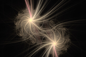 Yellow glowing double twisted pattern of crooked threads on a black background. Abstract fractal 3D rendering