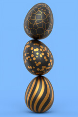 Stack of golden and black Easter eggs and chocolate eggs on blue background