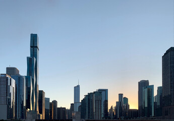 Photograph of city of chicago skyline at sunset 