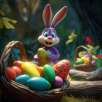 easterbunny surprised with the basket off eggs, funny rayman cartoon style, vibrant forest, colorfull eggs and baskets, easter, seasonal, Generative AI, Generatieve Art, generative art, AI