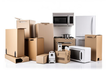 Household kitchen appliances and home electronics in carboard boxes isolated on white. AI generated