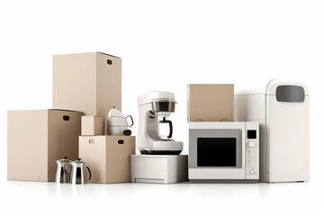 Household kitchen appliances and home electronics in carboard boxes isolated on white. AI generated
