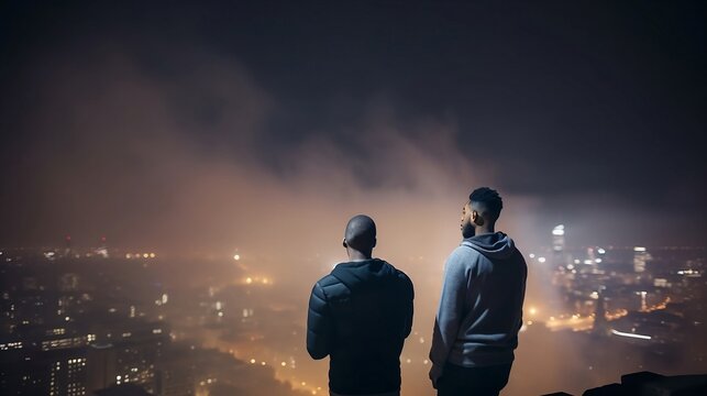 behind shot of two men looking into the smoky city at night time created with generative AI