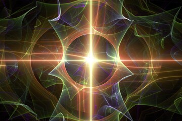 Orange glowing pattern of curved waves and rays on a black background. Abstract fractal 3D rendering