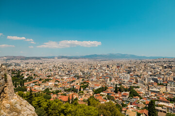 Fototapeta na wymiar Athens, Grece - July 16, 2020 - Panorama of Athens seen form Ancient Parthenon on the Acropolis hill