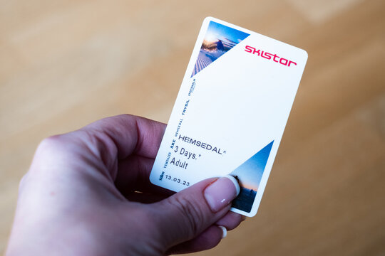 Hemsedal, Norway - April 1, 2023: Skistar plastic card skipass. Skistar technology and communication system.