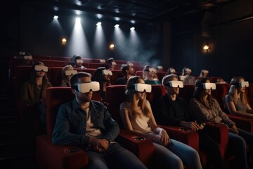 Virtual reality cinema, with a group of people wearing VR glasses while watching a movie Generative AI