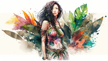 A colorful rtistic illustraition of a young beautiful Asian woman in nature 