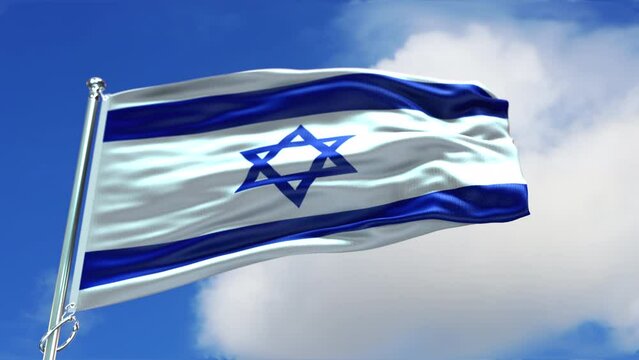 Israel flag. Israel flag on a flagpol at the background blue sky with beautiful clouds. Waving Israel Flag close-up 4K 3D video for Israeli Independence Day