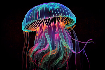 jellyfish swims in the deep dark ocean. beautiful underwater jellyfish on a black background . High quality illustration