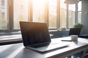 A blank screen laptop on a office desk. soft sunlight in background. Laptop screen mockup