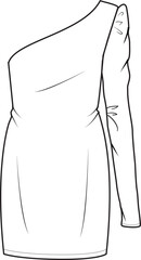 Women's Asymmetrical One-Shoulder Dress. Technical fashion dress illustration. Flat apparel dress template front, white color. Women's CAD mock-up.
