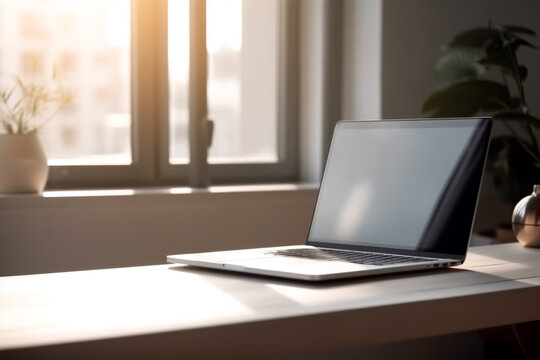 A blank screen laptop on a office table. Laptop screen mockup