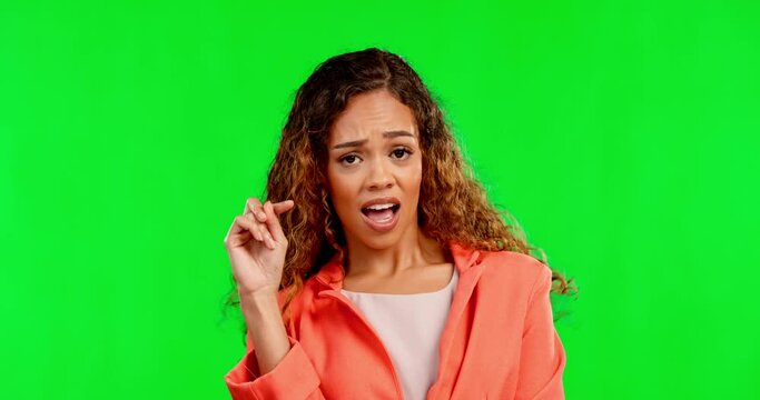 Woman, no and finger wagging by green screen to decline with attitude on face by background. Girl, disagree and hand gesture in portrait with sign language, emoji and frustrated with bad feedback