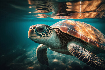 the turtle swims in the ocean with the sun shining on it and the sunshine in the sky above, with the sun shining in the middle of the water. Generative AI