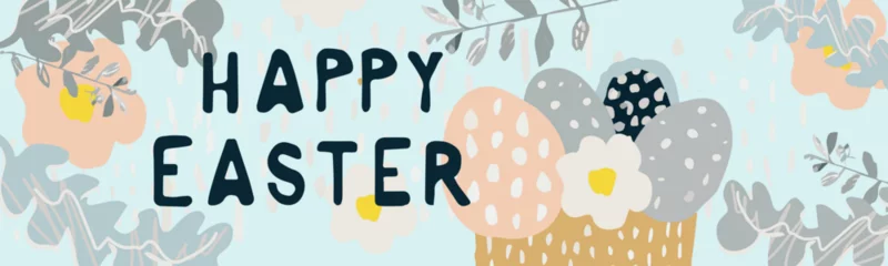 Foto auf Glas Happy Easter banner. Trendy Easter design with typography, hand drawn dots, eggs and flowers in modern colors. Minimalist cartoon style. Horizontal poster, greeting card, website header. © Sofia_Velychko