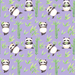 Watercolor seamless summer pattern with cute funny pandas in different positions holding bamboo leaves on purple background. Funny kids illustrations for print wrapper,fabric,cards