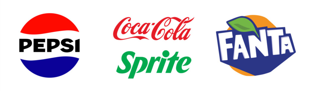 Popular soft drinks logo set. Pepsi Coca Cola Fanta Sprite. Vector illustration.