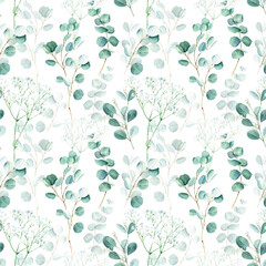 Seamless watercolor pattern with eucalyptus and gypsophila branches on white background. Can be used for wedding prints, gift wrapping paper, kitchen textile and fabric prints.