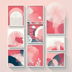 Obraz premium Set of stories templates with colorful abstract backgrounds with pink paper fans, white frame, geometric objects white frames products presentation or ... Generative AI