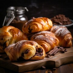 Freshly baked sweet buns puff pastry with chocolate and croissants on old wooden background. Breakfast or brunch concept with copy space, banner. Generative AI