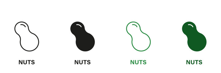 Peanut Line and Silhouette Icon Set. Nuts Green and Black Pictograms. Allergen Ingredient Contains Peanut Symbol Collection on White Background. Isolated Vector Illustration