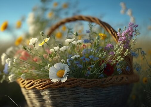 Korb mit Wildblumen, frisch gepfl&uuml;ckt. Ein geflochtener Blumenkorb steht auf einer Wiese mit unterschiedlichen Arten von bunten Blumen. Generativ KI
