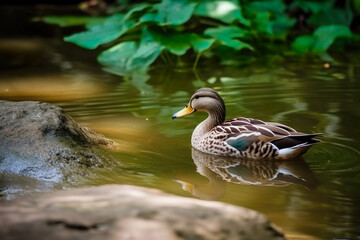 Naklejka na ściany i meble The beauty of nature and wildlife features a duck swimming in serene waters