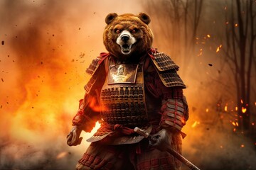 Formidable Bear. Portrait of bear wear samurai armor on blur fiery battlefield background. Generative AI