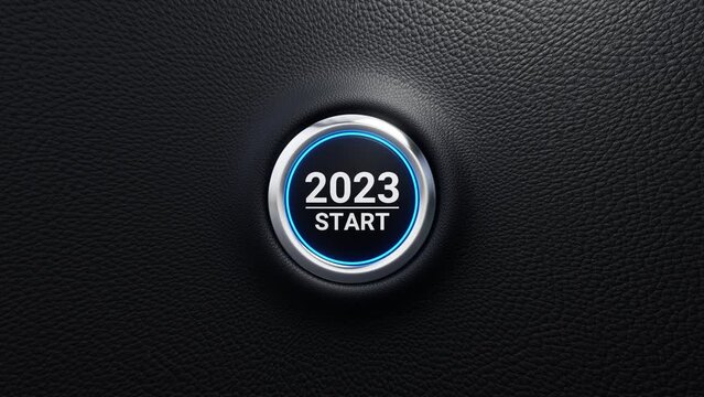2023 Start push button animation, Start 2023 modern car button with blue glowing light, 4K 3D loop animation