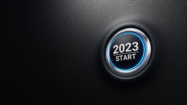 2023 Start push button animation, Start 2023 modern car button with blue glowing light, Just push the button, 4K 3D loop animation