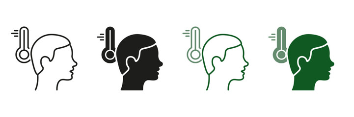 Fever Heat, High Body Temperature Symbol Collection. Fever Symptom Line and Silhouette Icon Set. Flu, Cold Coronavirus Symptom. Thermometer Pictogram for Medical Poster. Isolated Vector illustration