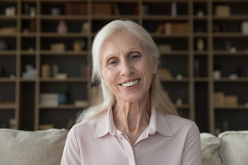 Cheerful pretty senior grey haired woman home head shot portrait. Happy old lady sitting on couch, looking at camera with happy smile, talking on video conference call