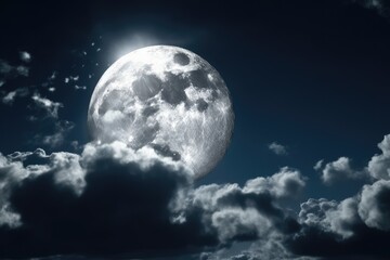 Naklejka na ściany i meble full moon shining through a cloudy night sky. Generative AI