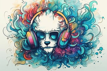 DJ dog with headphones listening to music in psychedelic watercolors. Generative ai illustration.