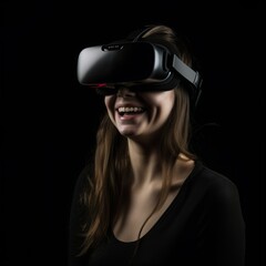 Illustration of an adult woman using virtual reality glasses on a black background. Generated with artificial intelligence