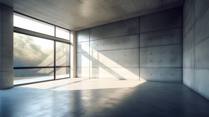 Abstract empty, modern concrete walls exterior room with sunlight shadow from concrete roof and floor. created using generative AI.