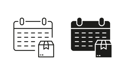 Time Appointment for Express Delivery Service Silhouette and Line Icon Set. Schedule in Calendar for Date Delivery Icon. Parcel Box Pictogram. Editable Stroke. Isolated Vector Illustration