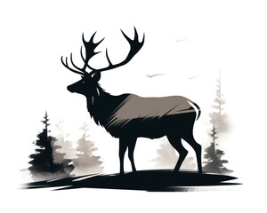 Silhouette of a deer in the forest. Vector illustration.
