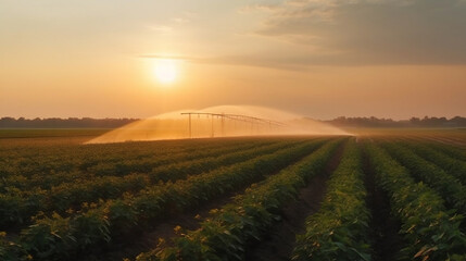 Irrigation system on agricultural soybean field, rain gun sprinkler on helps to grow plants in the dry season, increases crop yields. Generative AI - obrazy, fototapety, plakaty