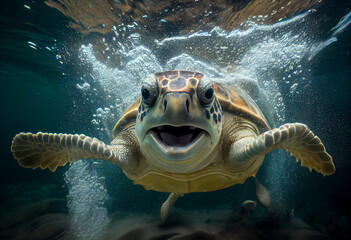 Obraz premium Portrait of a happy sea turtle swimming underwater,Generative AI