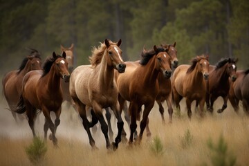 Fototapeta na wymiar Group of horses galloping across a beautiful meadow Generative AI
