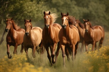 Fototapeta premium Group of horses galloping across a beautiful meadow Generative AI