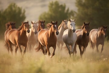 Group of horses galloping across a beautiful meadow Generative AI