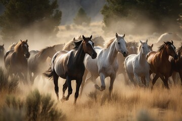 Fototapeta premium Group of horses galloping across a beautiful meadow Generative AI