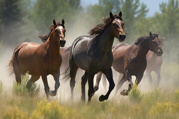 Obraz premium Group of horses galloping across a beautiful meadow Generative AI