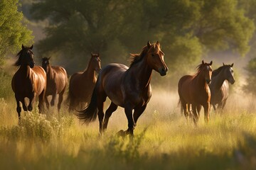 Fototapeta premium Group of horses galloping across a beautiful meadow Generative AI