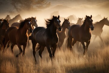 Group of horses galloping across a beautiful meadow Generative AI