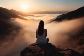 Beautiful fitness woman practice yoga exercises on top of cloudy mountain in wonderful place. Relax meditation. Realistic art generated by AI