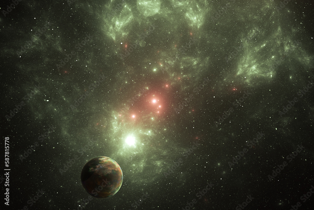 Wall mural green red stardust clouds with planet in black space. abstract fractal 3d rendering